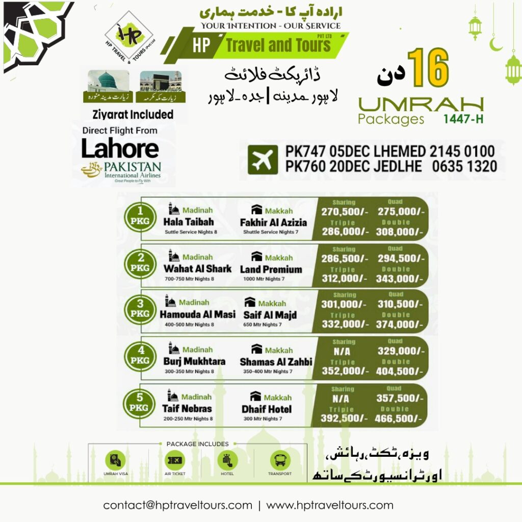 14, 15, 16 Days Best Cheap Sasta Umrah Package from Lahore – Pakistan