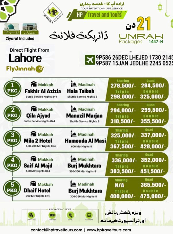 Best 20, 21 and 23 Days Umrah Package from Lahore – Pakistan