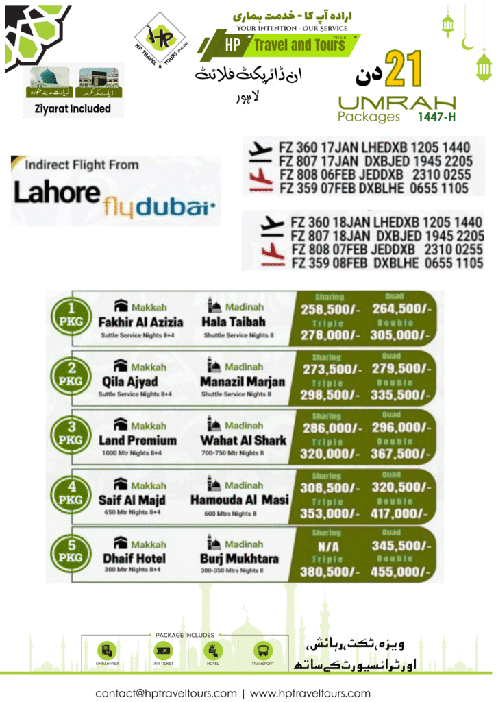 Best 20, 21 and 23 Days Umrah Package from Lahore – Pakistan