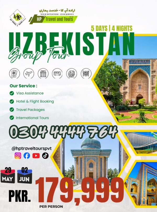 Book the best Uzbekistan group tour package from Pakistan with visa assistance, flights, hotels, guided tours, and luxury travel services at affordable prices.